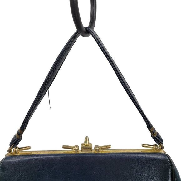 Vintage 60's Handbag Top Handle Vegan Framed Clasp Closure Midnight Blue Gold - Picture 8 of 13